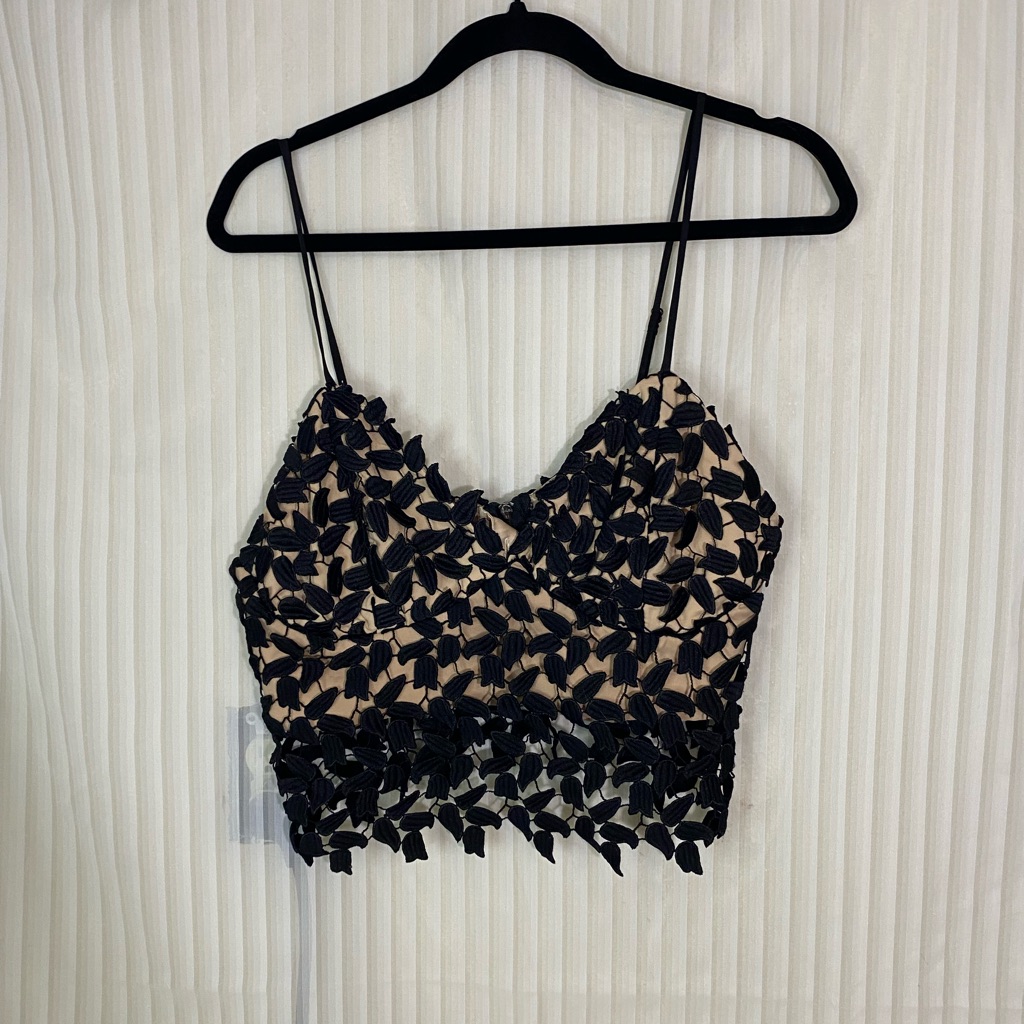 Bardot Black Lace Crop Top Nude Lined Bustier Cami Size Us 10 Spaghetti Strap
